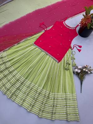 Green Mirror Work Silk Blend Top with Embroidered Lehenga Set 3