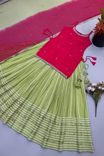 Green Mirror Work Silk Blend Top with Embroidered Lehenga Set