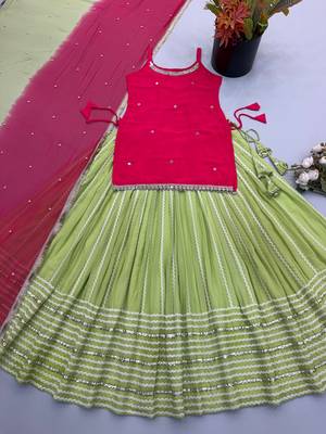 Green Mirror Work Silk Blend Top with Embroidered Lehenga Set 4