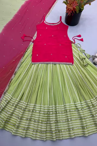 Green Mirror Work Silk Blend Top with Embroidered Lehenga Set