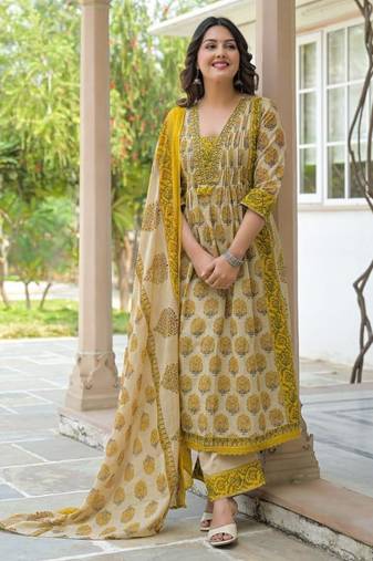 Cotton cambric printed anarkali kurti-pant-dupatta set