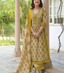 Cotton cambric printed anarkali kurti-pant-dupatta set