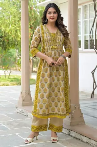 Cotton cambric printed anarkali kurti-pant-dupatta set