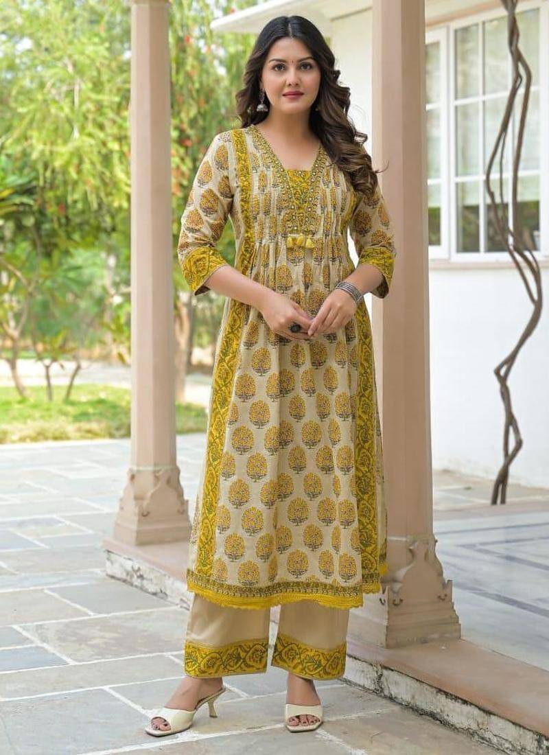 Cotton cambric printed anarkali kurti-pant-dupatta set