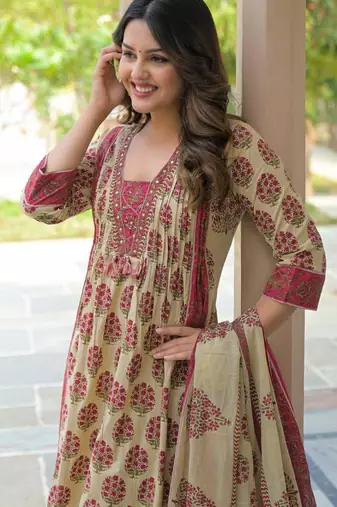 Cotton cambric printed anarkali kurti-pant-dupatta set