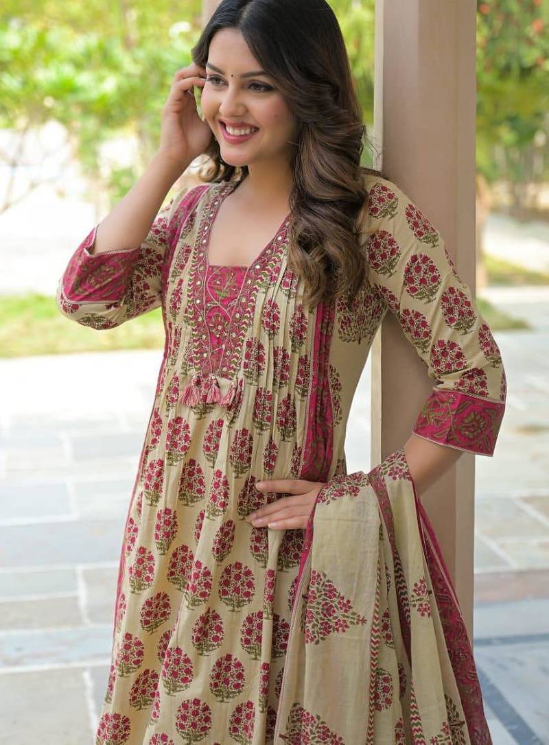 Cotton cambric printed anarkali kurti-pant-dupatta set