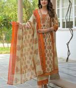 Cotton cambric printed anarkali kurti-pant-dupatta set