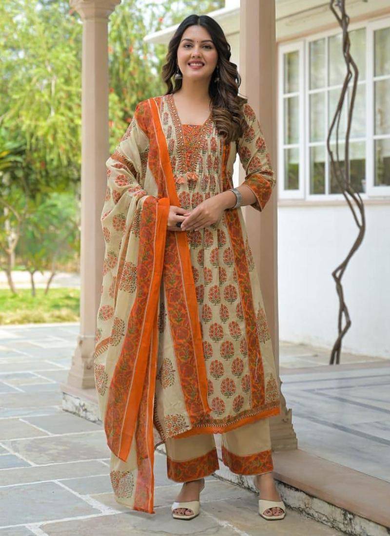Cotton cambric printed anarkali kurti-pant-dupatta set
