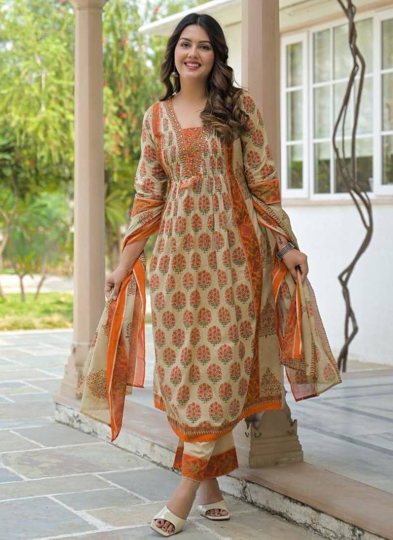 Cotton cambric printed anarkali kurti-pant-dupatta set