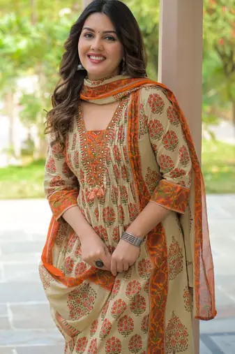 Cotton cambric printed anarkali kurti-pant-dupatta set
