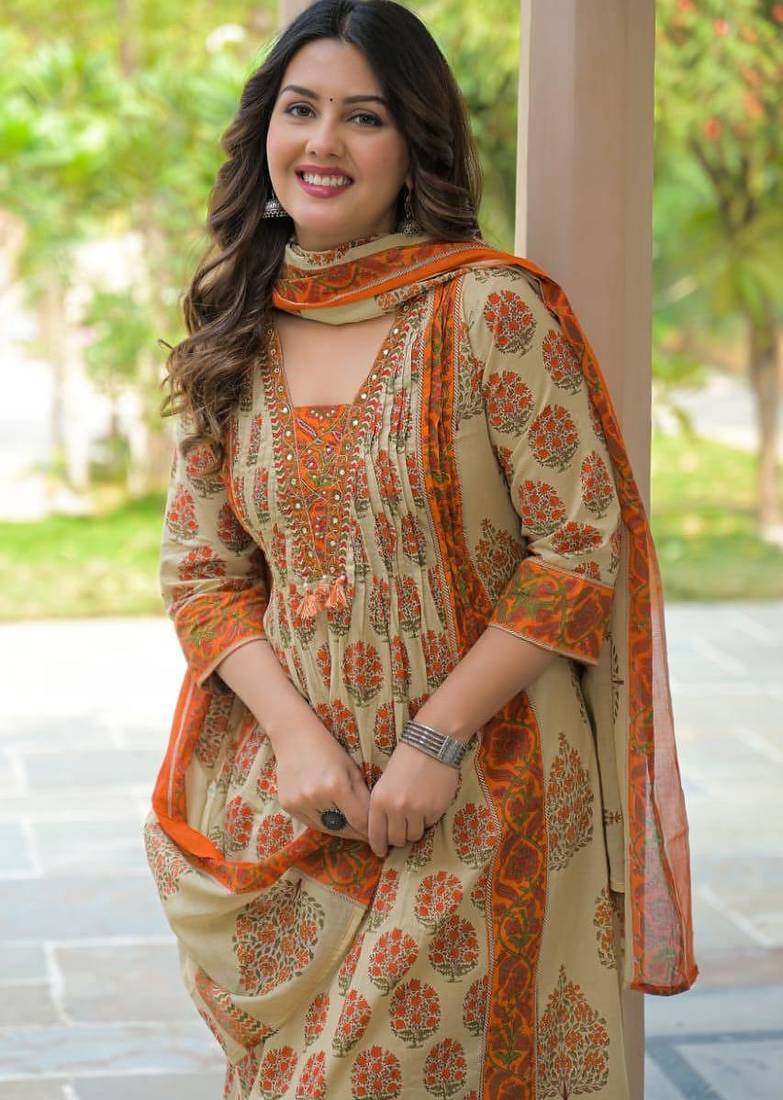 Cotton cambric printed anarkali kurti-pant-dupatta set