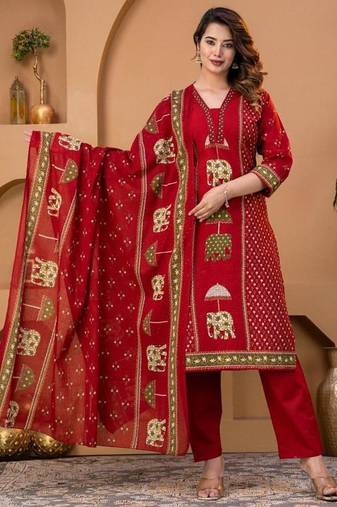 Cotton cambric printed straight kurti-pant-dupatta set