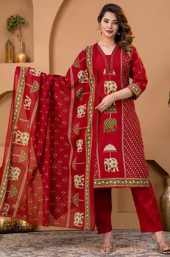 Cotton cambric printed straight kurti-pant-dupatta set