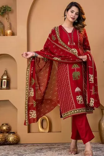 Cotton cambric printed straight kurti-pant-dupatta set