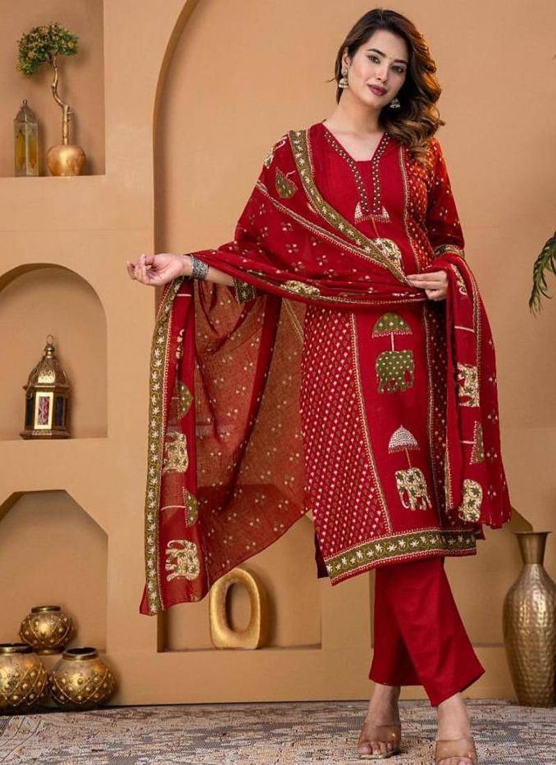 Cotton cambric printed straight kurti-pant-dupatta set