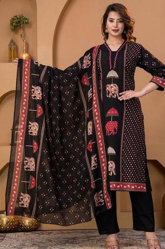 Cotton cambric printed straight kurti-pant-dupatta set