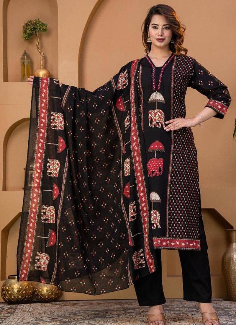 Cotton cambric printed straight kurti-pant-dupatta set
