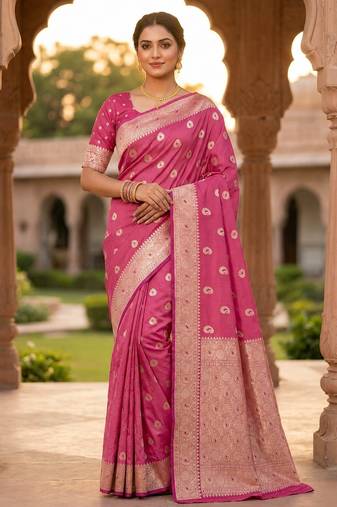 Pink soft silk blend saree with zari weaving meenakari design