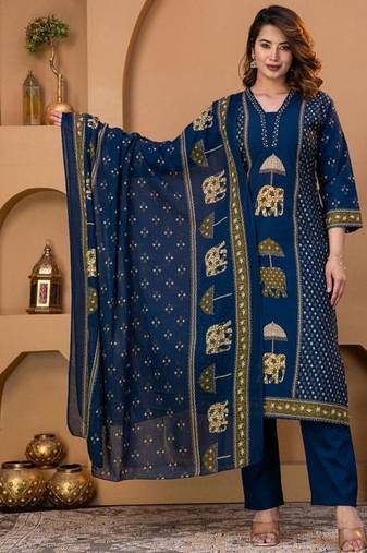 Cotton cambric printed straight kurti-pant-dupatta set