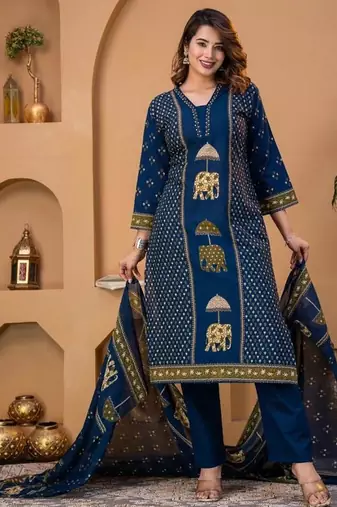 Cotton cambric printed straight kurti-pant-dupatta set