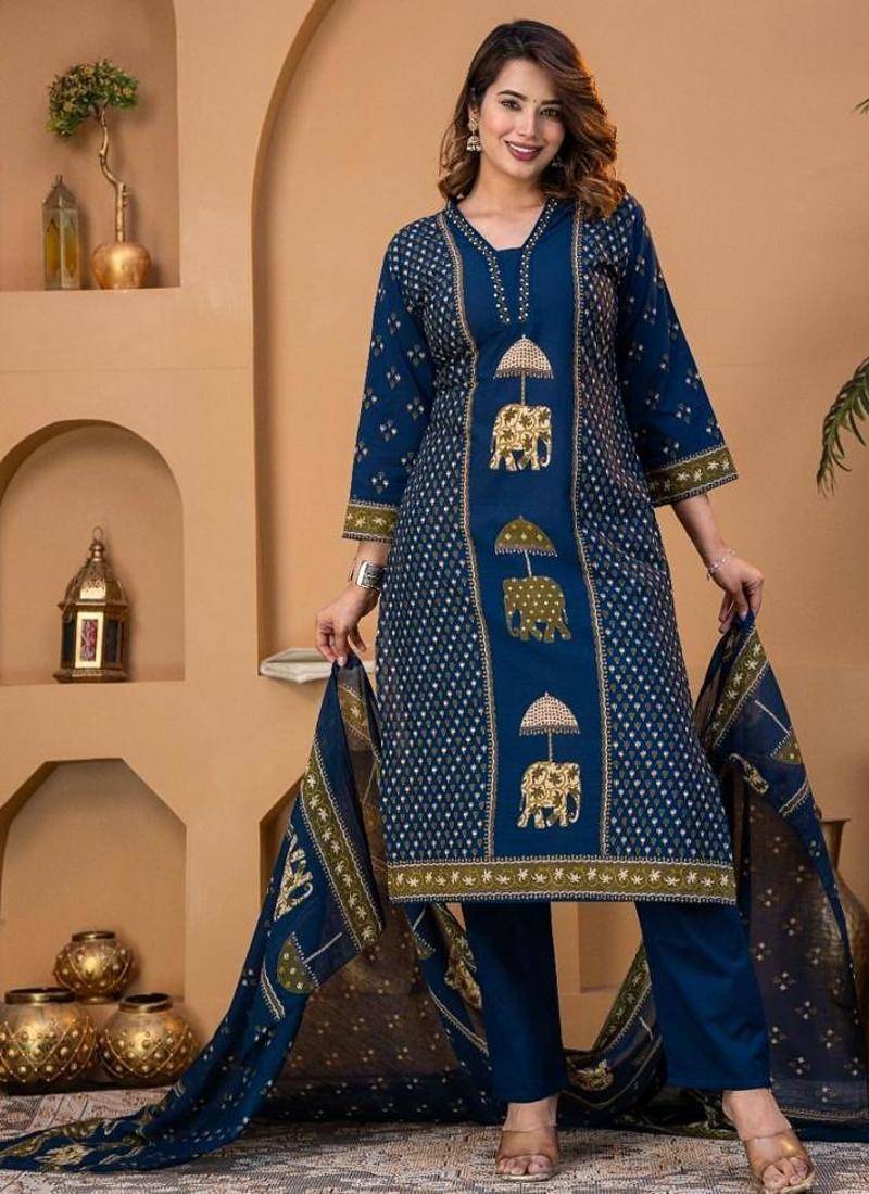 Cotton cambric printed straight kurti-pant-dupatta set