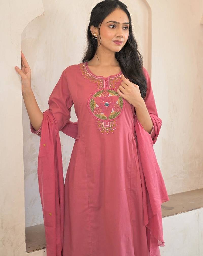 Cotton cambric a-line kurti-pant-dupatta set