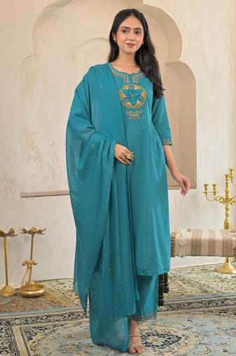 Cotton cambric a-line kurti-pant-dupatta set