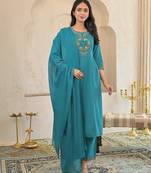 Cotton cambric a-line kurti-pant-dupatta set