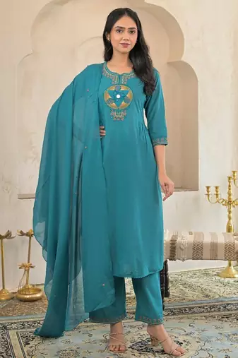 Cotton cambric a-line kurti-pant-dupatta set