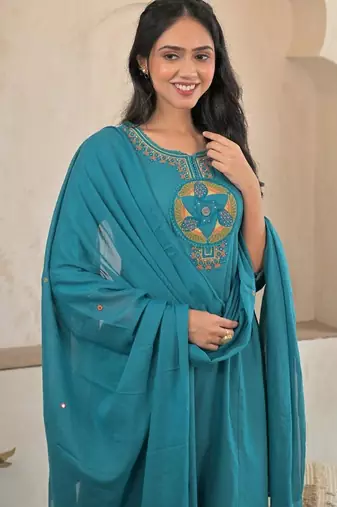 Cotton cambric a-line kurti-pant-dupatta set