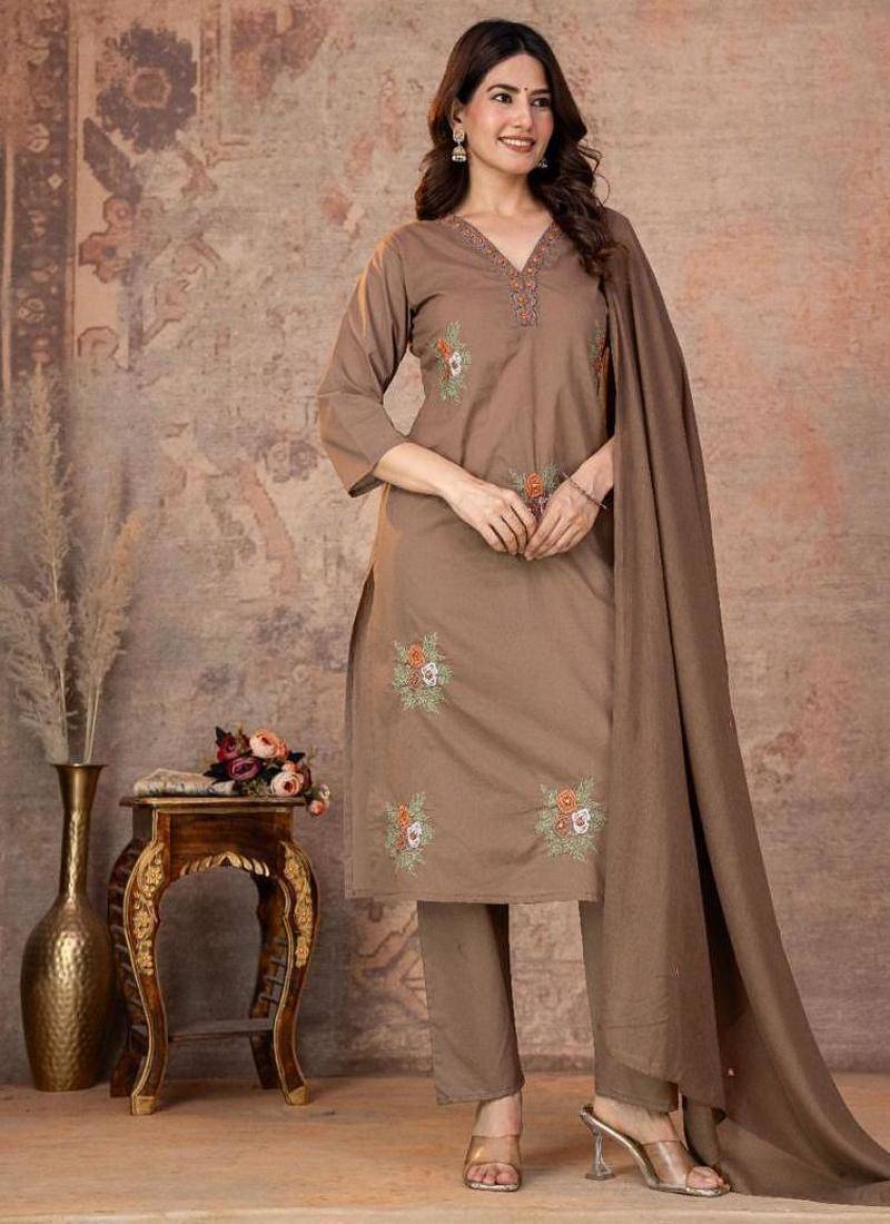 Cotton cambric straight kurti-pant-dupatta set