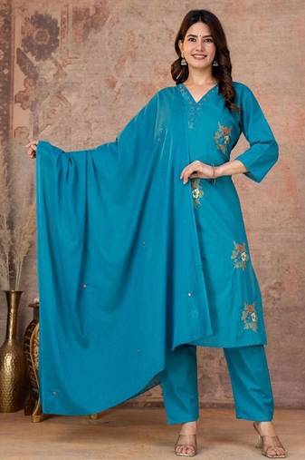 Cotton cambric straight kurti-pant-dupatta set