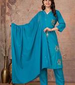 Cotton cambric straight kurti-pant-dupatta set