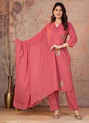 Cotton cambric straight kurti-pant-dupatta set 1