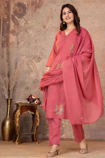Cotton cambric straight kurti-pant-dupatta set