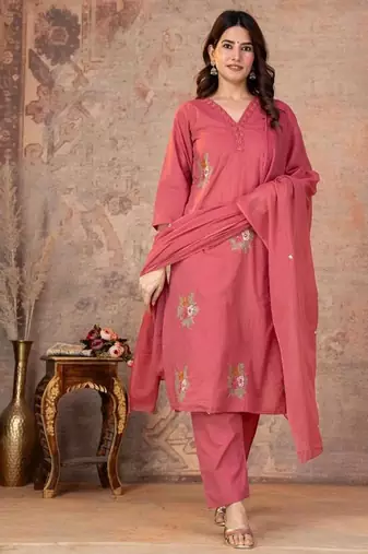 Cotton cambric straight kurti-pant-dupatta set