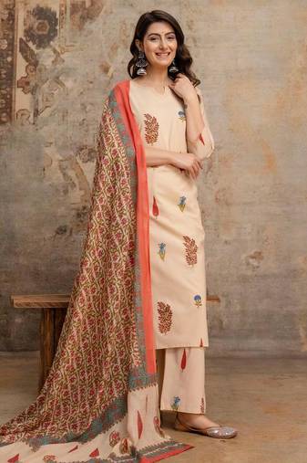 Cotton cambric printed straight kurti-pant-dupatta set