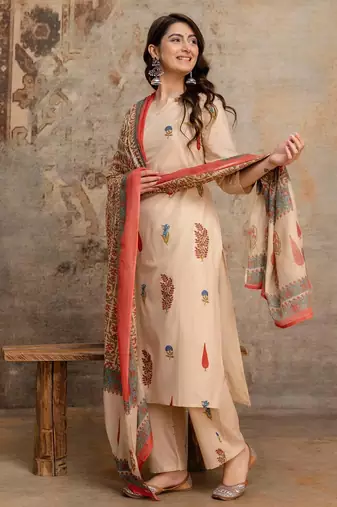 Cotton cambric printed straight kurti-pant-dupatta set