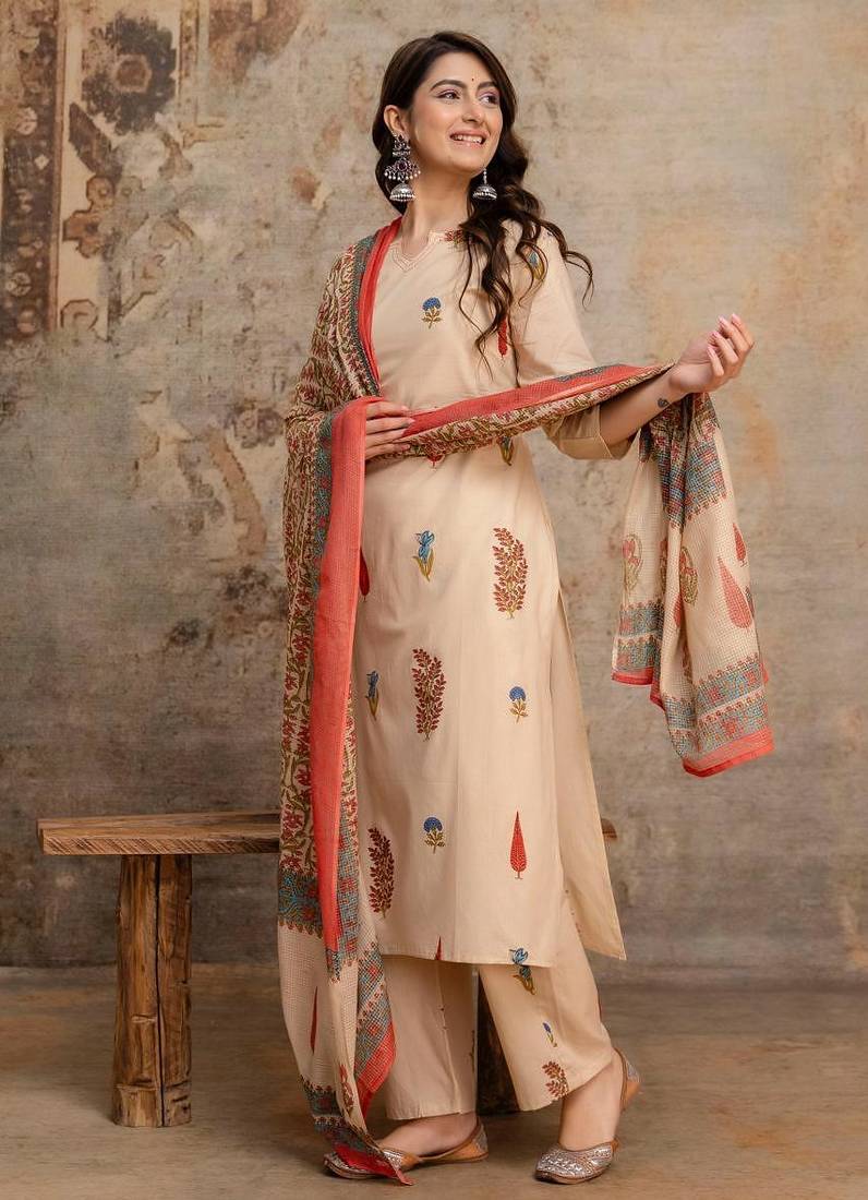 Cotton cambric printed straight kurti-pant-dupatta set