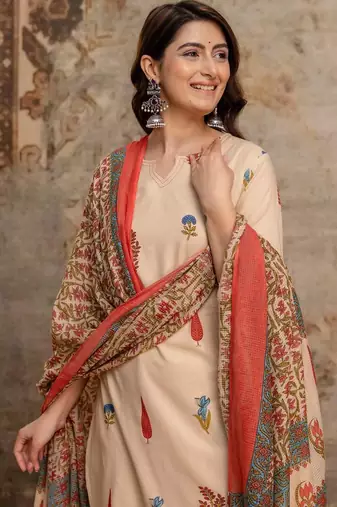 Cotton cambric printed straight kurti-pant-dupatta set