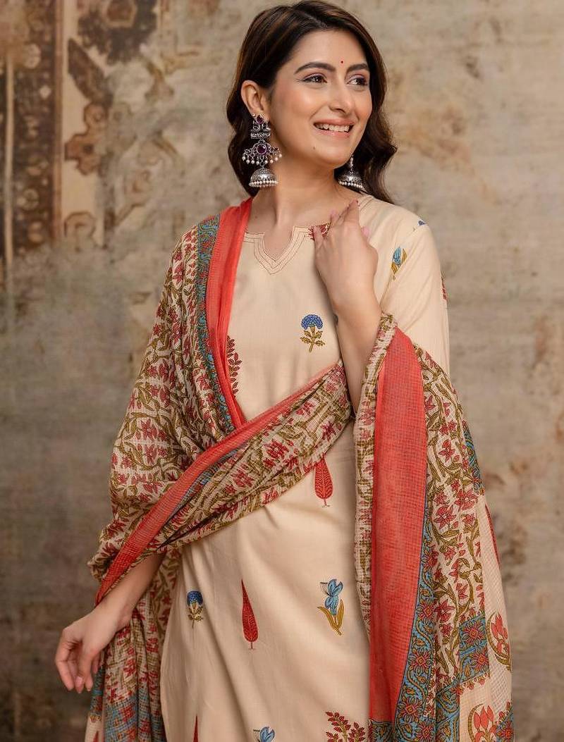 Cotton cambric printed straight kurti-pant-dupatta set