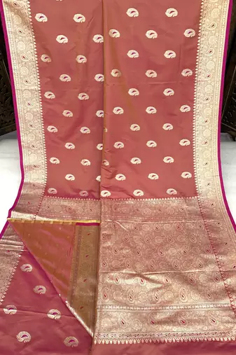 Pink soft silk blend saree with zari weaving meenakari design