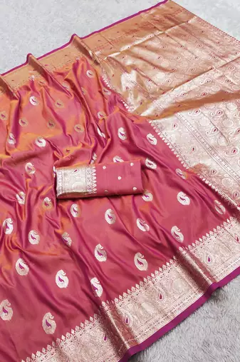 Pink soft silk blend saree with zari weaving meenakari design