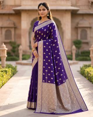 Purple soft silk blend saree with zari weaving meenakari design 3