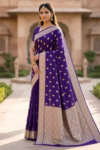 Purple soft silk blend saree with zari weaving meenakari design