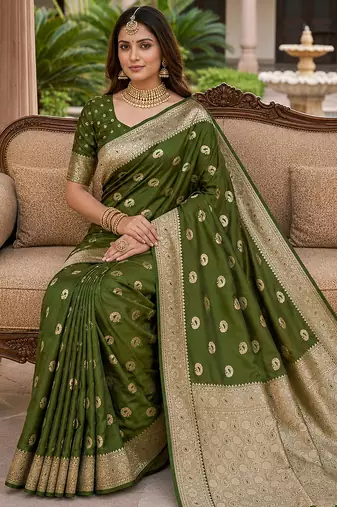 Green soft silk blend saree with zari weaving meenakari design