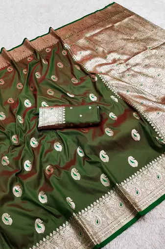 Green soft silk blend saree with zari weaving meenakari design