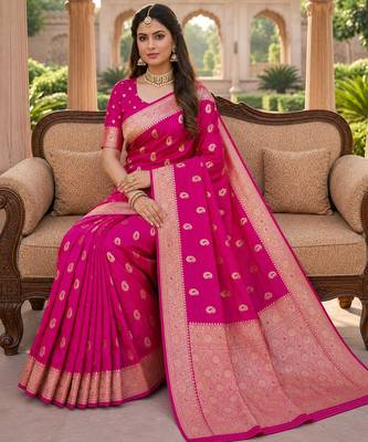 Pink soft silk blend saree with zari weaving meenakari design 2