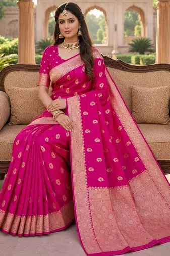 Pink soft silk blend saree with zari weaving meenakari design