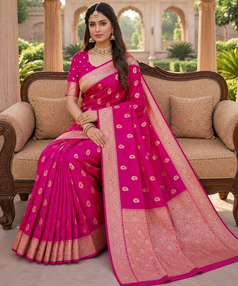 Pink soft silk blend saree with zari weaving meenakari design